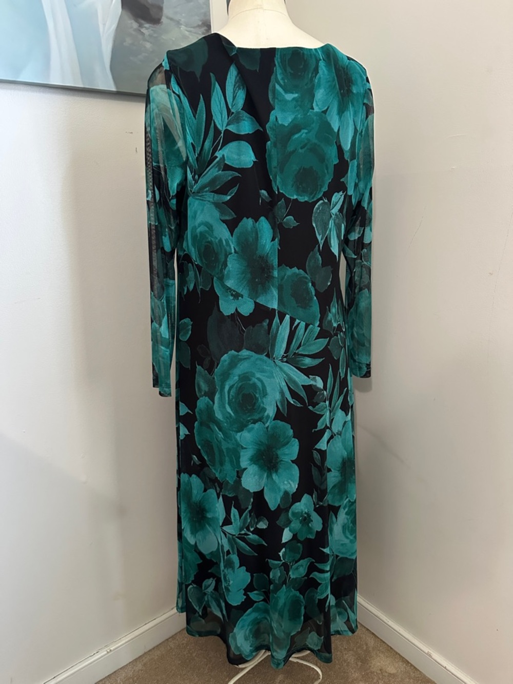 connected apparel Teal Floral Long-Sleeve A-Line Dress on Black - Picture 4 of 5